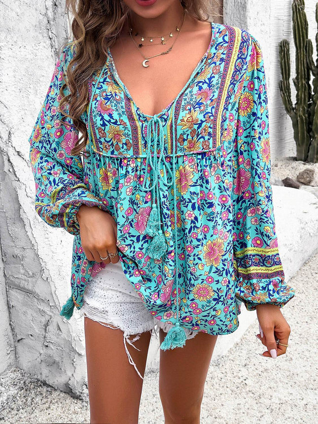 Printed Tie Neck Long Sleeve Blouse - MimiStylez