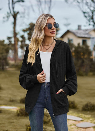 Zip Up Drawstring Long Sleeve Hooded Jacket - MimiStylez