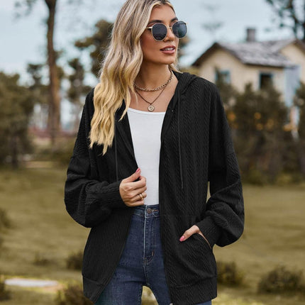 Zip Up Drawstring Long Sleeve Hooded Jacket - MimiStylez