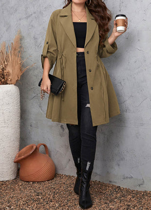 Plus Size Lapel Collar Drawstring Roll-Tab Sleeve Trench Coat - MimiStylez