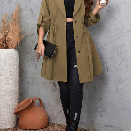 Plus Size Lapel Collar Drawstring Roll-Tab Sleeve Trench Coat - MimiStylez