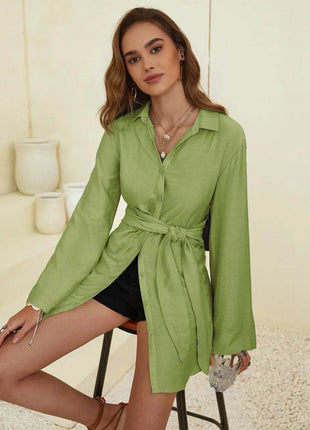 Collared Neck Long Sleeve Mini Shirt Dress - MimiStylez