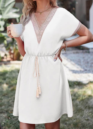 Tassel V-Neck Short Sleeve Dress - MimiStylez