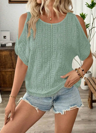 Eyelet Cold Shoulder Round Neck Blouse - MimiStylez