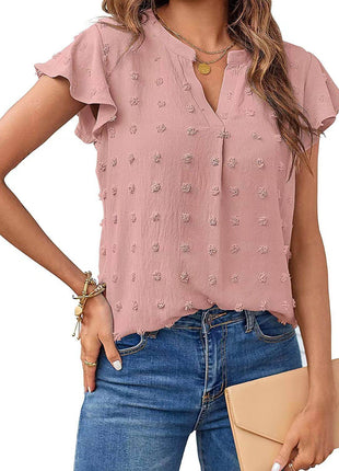 Women's Fashion V-neck Ruffle Sleeve Chiffon Shirt Short Sleeve - MimiStylez