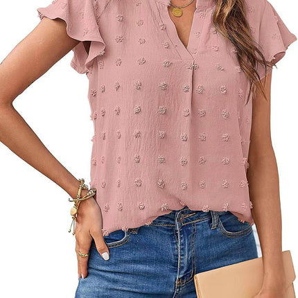 Women's Fashion V-neck Ruffle Sleeve Chiffon Shirt Short Sleeve - MimiStylez