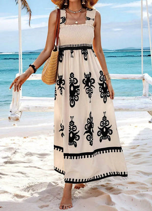 Smocked Printed Wide Strap Maxi Dress - MimiStylez