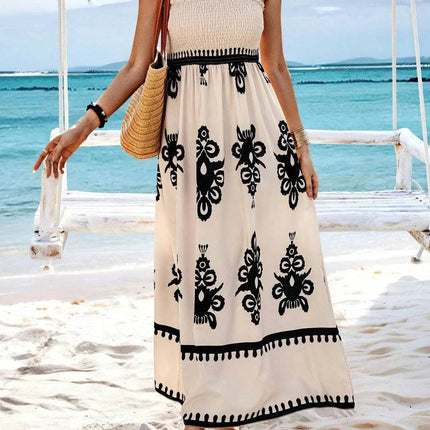 Smocked Printed Wide Strap Maxi Dress - MimiStylez