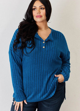 Basic Bae Full Size Ribbed Half Button Long Sleeve High-Low T-Shirt - MimiStylez