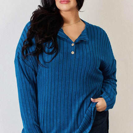 Basic Bae Full Size Ribbed Half Button Long Sleeve High-Low T-Shirt - MimiStylez