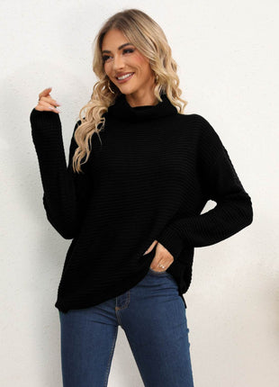 Slit Turtleneck Dropped Shoulder Sweater - MimiStylez