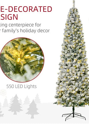 9FT Pre-Lit Snow-Flocked Slim Douglas Fir Christmas Tree With Realistic Branches, 550 LED Lights And 988 Tips