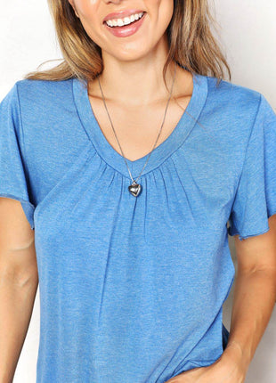 Double Take Ruched V-Neck Short Sleeve T-Shirt - MimiStylez