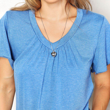 Double Take Ruched V-Neck Short Sleeve T-Shirt - MimiStylez