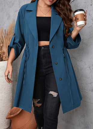 Plus Size Lapel Collar Drawstring Roll-Tab Sleeve Trench Coat - MimiStylez