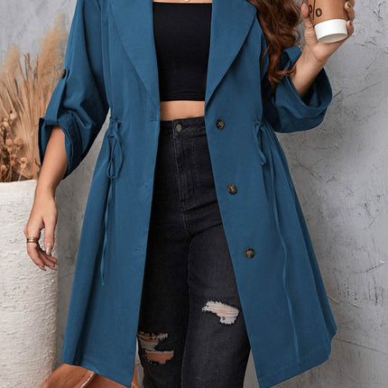Plus Size Lapel Collar Drawstring Roll-Tab Sleeve Trench Coat - MimiStylez