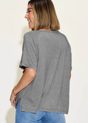 Basic Bae Full Size Bamboo Slit V-Neck Short Sleeve T-Shirt - MimiStylez