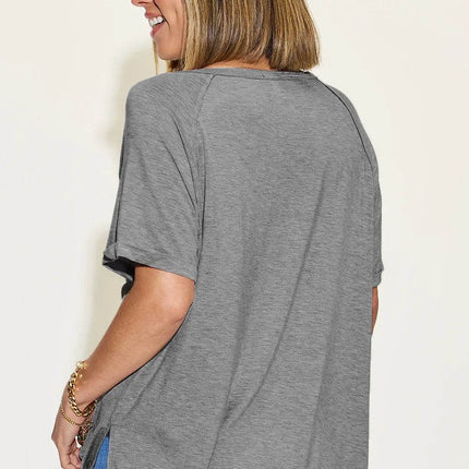 Basic Bae Full Size Bamboo Slit V-Neck Short Sleeve T-Shirt - MimiStylez