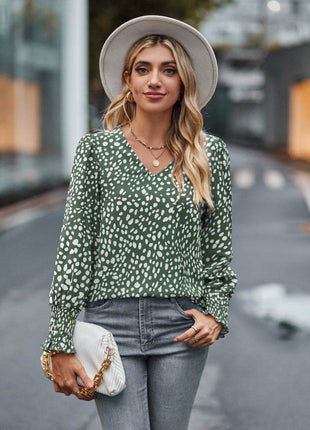 Printed V-Neck Lantern Sleeve Blouse - MimiStylez
