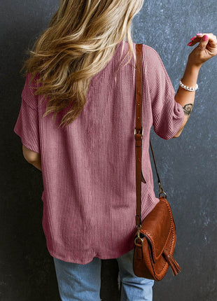 Textured V-Neck Dropped Shoulder T-Shirt - MimiStylez