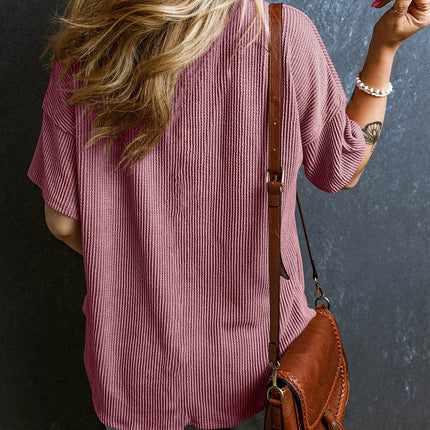 Textured V-Neck Dropped Shoulder T-Shirt - MimiStylez