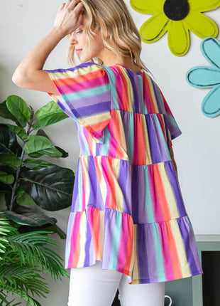 Heimish Full Size Short Sleeve Striped Tiered Top - MimiStylez