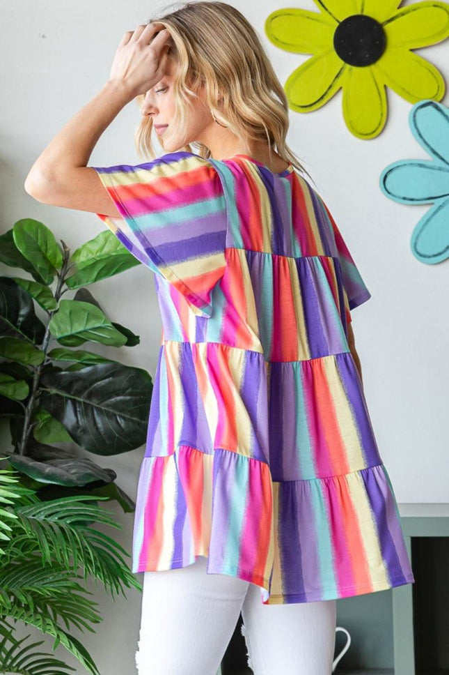 Heimish Full Size Short Sleeve Striped Tiered Top - MimiStylez