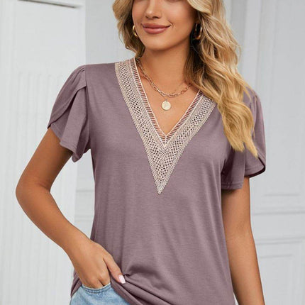 Contrast Trim Petal Sleeve V-Neck Top - MimiStylez