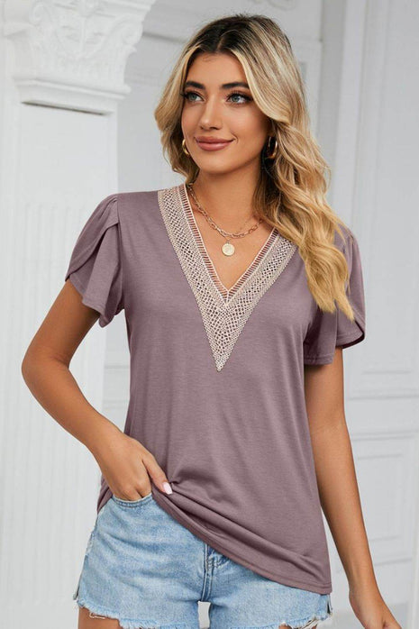 Contrast Trim Petal Sleeve V-Neck Top - MimiStylez