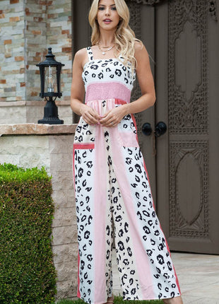Leopard Color Block Smocked Jumpsuit - MimiStylez