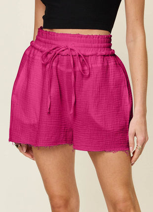 Double Take Full Size Texture Raw Trim Drawstring Shorts - MimiStylez