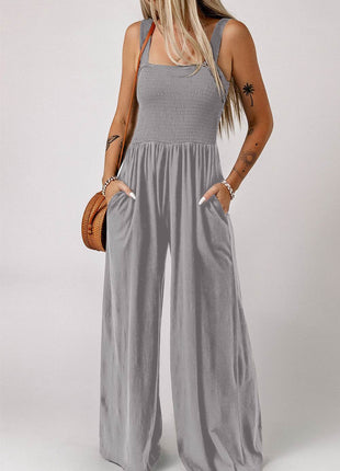 Smocked Square Neck Wide Leg Jumpsuit with Pockets - MimiStylez