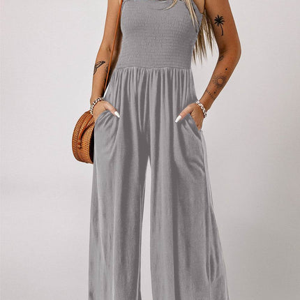 Smocked Square Neck Wide Leg Jumpsuit with Pockets - MimiStylez