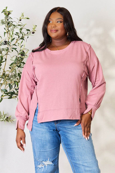 Culture Code Full Size Round Neck Exposed Seam Slit Top - MimiStylez