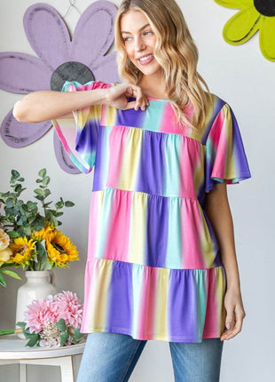 Heimish Full Size Short Sleeve Striped Tiered Top - MimiStylez