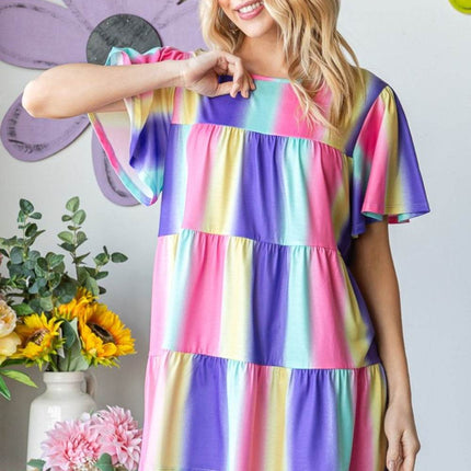 Heimish Full Size Short Sleeve Striped Tiered Top - MimiStylez