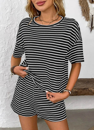 Striped Round Neck Short Sleeve Top and Shorts Set - MimiStylez