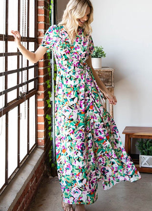 First Love Slit Printed Surplice Tie Waist Short Sleeve Dress - MimiStylez