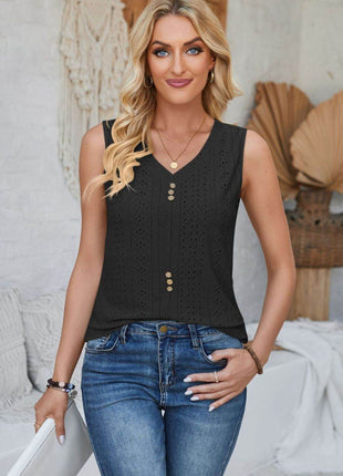 Eyelet Decorative Button V-Neck Tank - MimiStylez