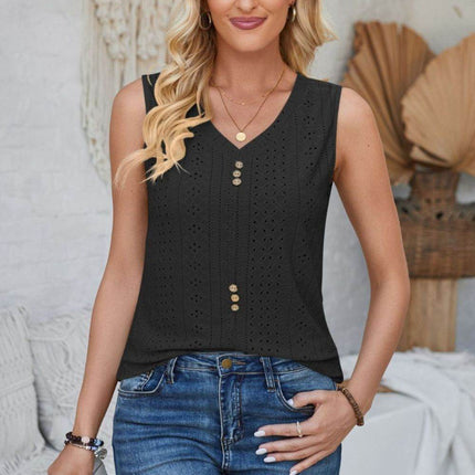 Eyelet Decorative Button V-Neck Tank - MimiStylez