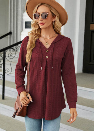 Decorative Button Drawstring Long Sleeve Hoodie - MimiStylez