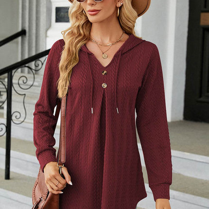 Decorative Button Drawstring Long Sleeve Hoodie - MimiStylez