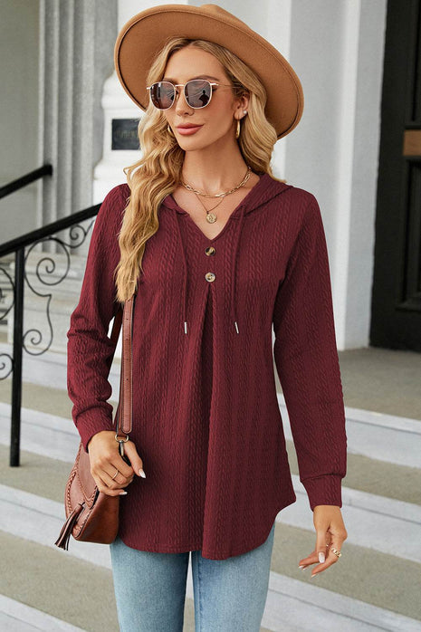 Decorative Button Drawstring Long Sleeve Hoodie - MimiStylez