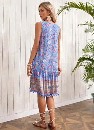 Tie Neck Sleeveless Floral Dress - MimiStylez