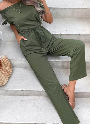 Off-Shoulder Tie Cuff Jumpsuit with Pockets - MimiStylez