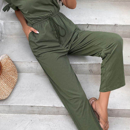 Off-Shoulder Tie Cuff Jumpsuit with Pockets - MimiStylez