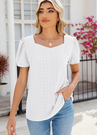 Eyelet Puff Sleeve T-Shirt - MimiStylez