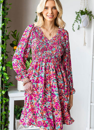Floral Smocked V-Neck Flounce Sleeve Dress - MimiStylez