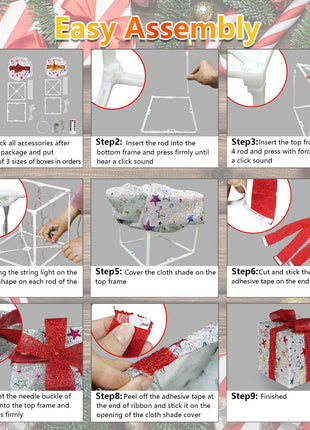 Star-Deer Pattern Options -- Set Of 3 Christmas Lighted Gift Boxes Xmas Present Ornament 50 LED Christmas Box Decorations With Ribbon Bows IP44 Waterproof Battery Powered For Indoor Outdoor Decor