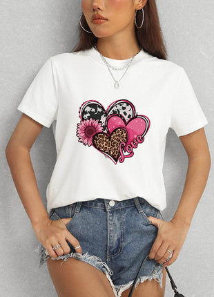 Heart Round Neck Short Sleeve T-Shirt - MimiStylez